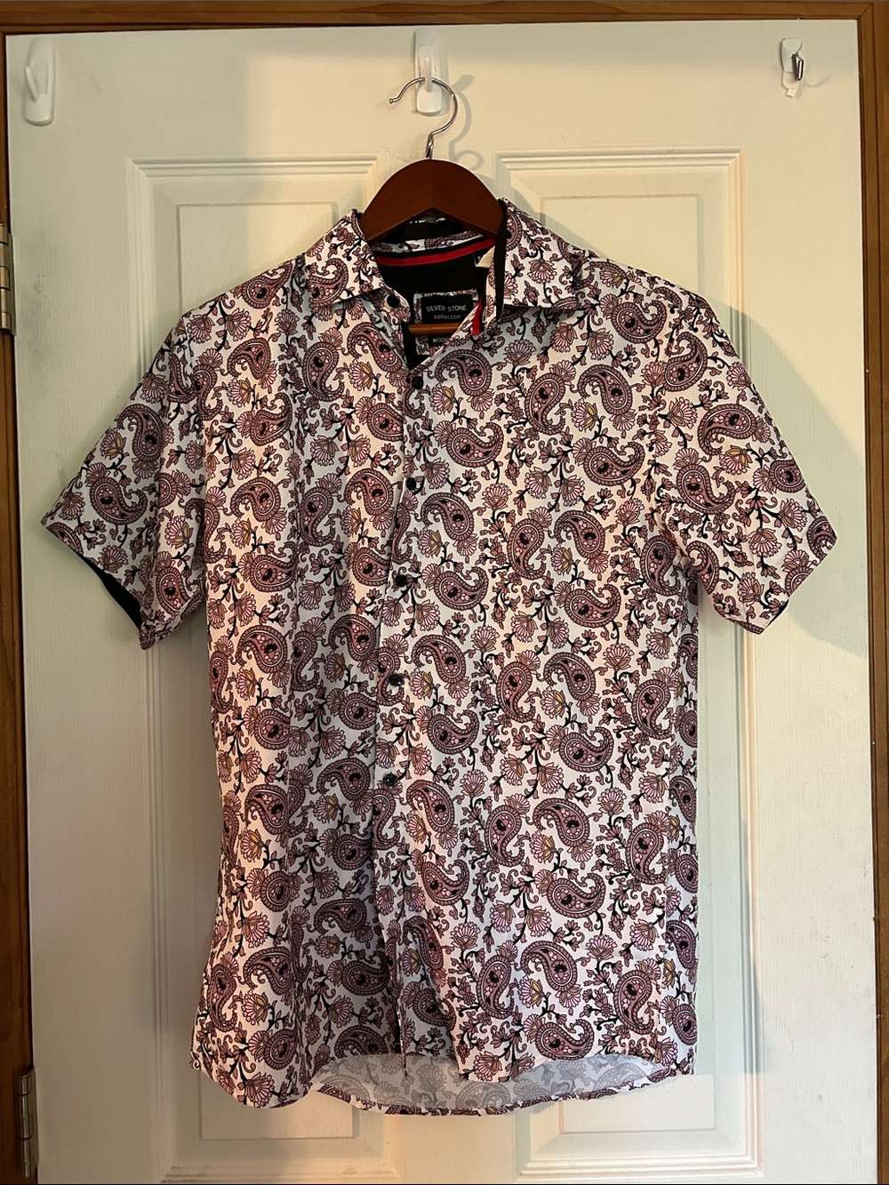 White Short-Sleeve Paisley Button-Down Shirt with Pink Print